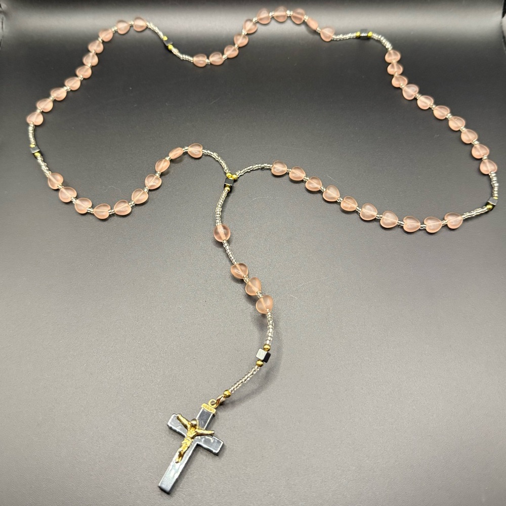 Pink Glass Heart Gold Tone and Hematite Crucifix Cross Rosary Catholic